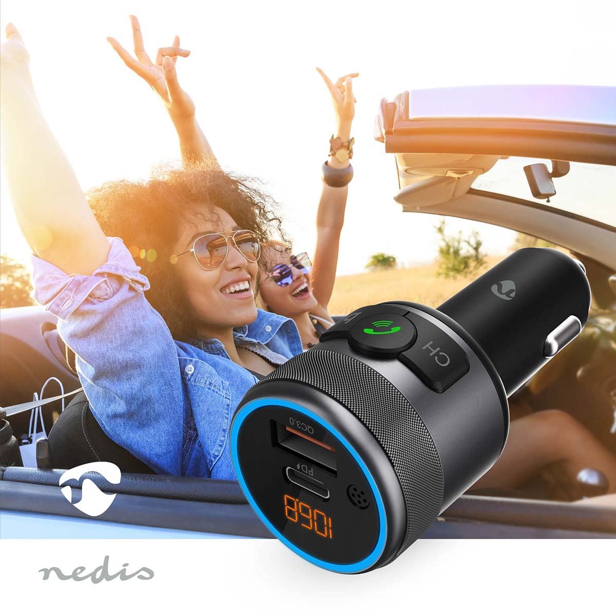 Nedis Car FM Transmitter | Fixed | Hands free calling | 1 " | Amber Screen | Bluetooth® | PD 18 W / PD 24 W | Fast charging | Bass boost | Google Assistant / Siri | Black