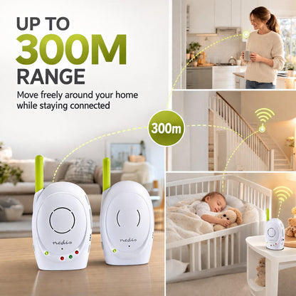 Nedis Baby Monitor | FHSS (Frequency-Hopping Spread Spectrum) | With talk back function | Range: 300 m | Battery Powered / Mains Powered | Green / White