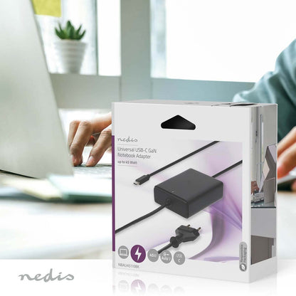 Nedis Notebook Adapter | GaN | 45 W | 5 / 9 / 12 / 15 / 20 V DC | 2.25 / 2.33 / 2.92 / 3.0 A | Used for: Notebook / Smartphone / Tablet | Euro / Type-C (CEE 7/16)