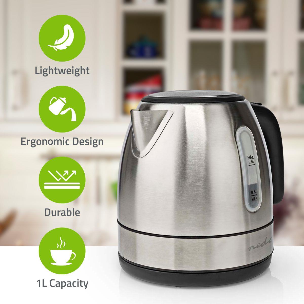 Nedis Electric Kettle | 1.0 l | Stainless Steel | Aluminium | Rotatable 360 degrees | Concealed heating element | Strix® controller | Boil-dry protection