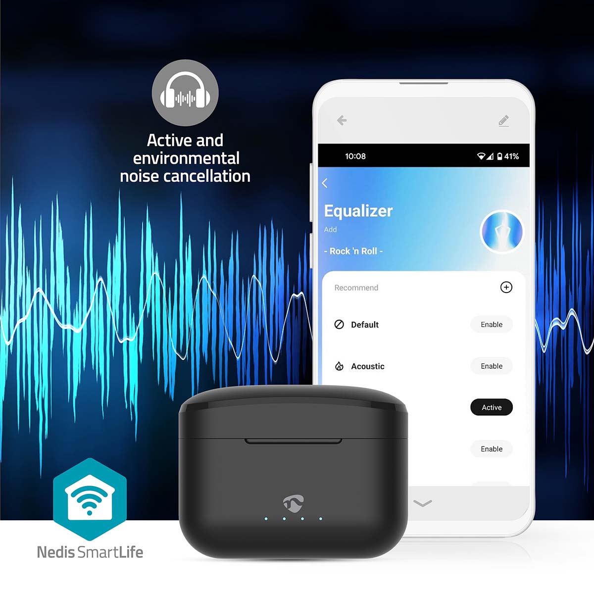 Nedis Fully Wireless Earphones | Hybrid (ENC + ANC) | Bluetooth® | Maximum battery play time: 36 hrs | Touch Control | Charging case | Wireless charging case | Built-in microphone | Voice control support | Black