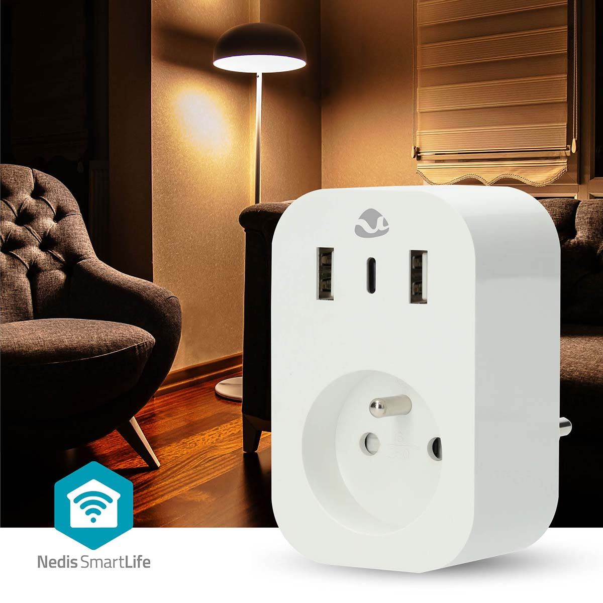 Nedis SmartLife Smart Plug | Wi-Fi | IP21 | Power meter | 3680 W | Type E (CEE 7/6) / 1x USB-C™ / 2x USB | 0 - 55 °C | Android™ / IOS | White | 1 pcs