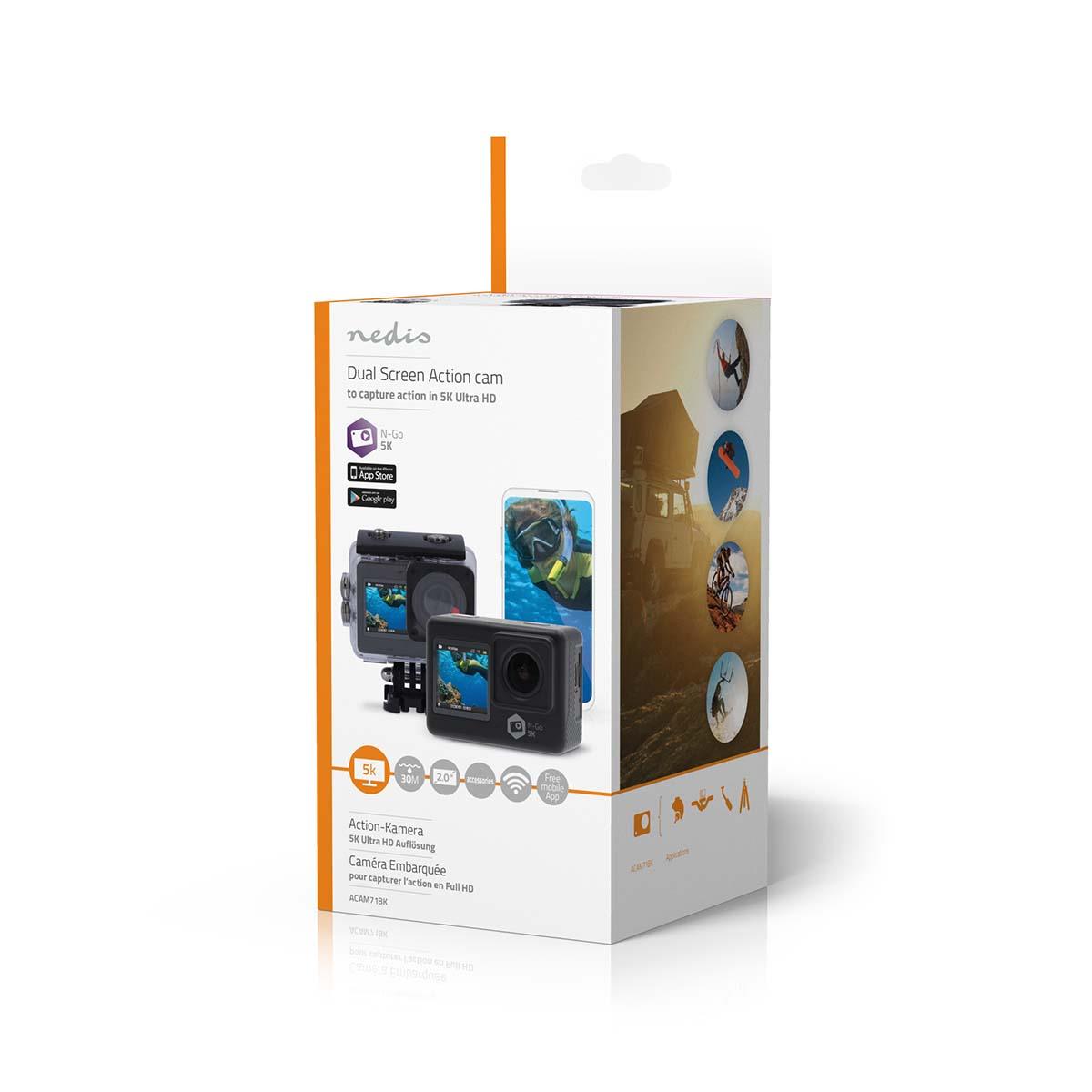 Nedis Action Cam | Dual Screen | 5K@30fps | 16 MPixel | Waterproof up to: 30.0 m | 80 min | Wi-Fi | App available for: Android™ / IOS | Mounts included | Black