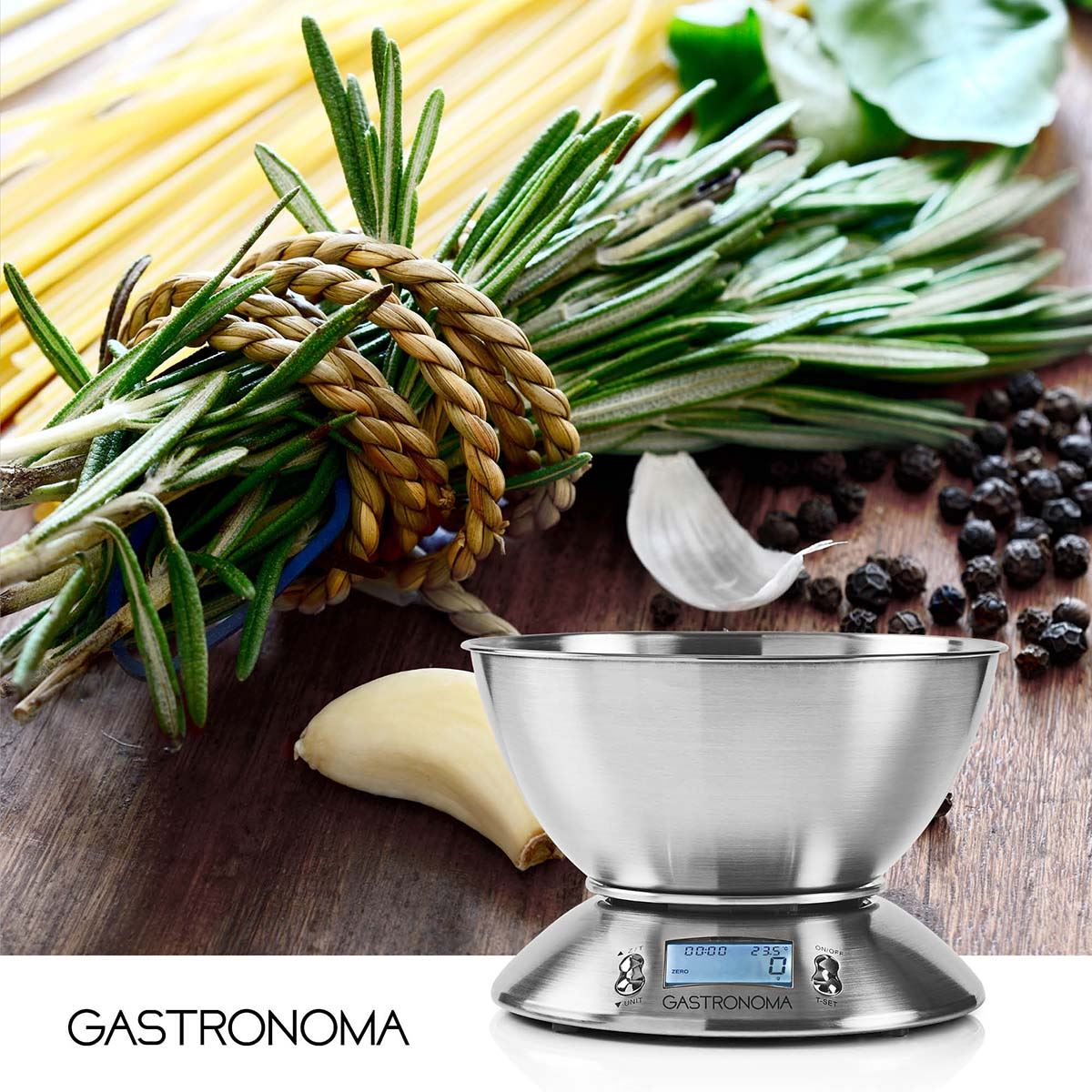 Gastronoma 18310021 | Digital Kitchen Scales | Stainless steel | Removable bowl | Alarm timer | Temperature sensor | Illuminated LCD display
