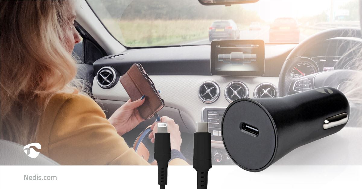 Nedis Car Charger | 20 W | 1.67 / 2.22 / 3.0 A | Number of outputs: 1 | Port type: USB-C™ | Lightning 8-Pin (Loose) Cable | 1.00 m | Automatic Voltage Selection