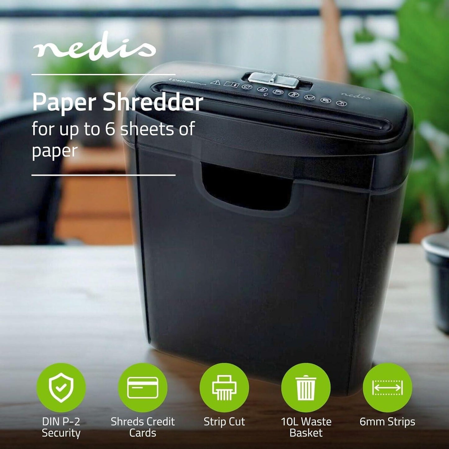 Nedis Paper Shredder | Strip Cut | 6x A4 pages | 10 l | Safety standard: DIN 2 | 190 W | Black