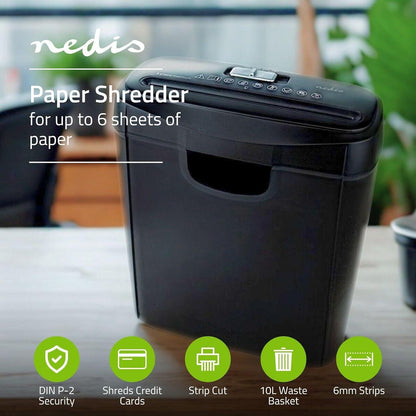 Nedis Paper Shredder | Strip Cut | 6x A4 pages | 10 l | Safety standard: DIN 2 | 190 W | Black