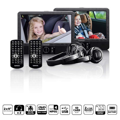 Lenco 2x 9” portable DVD player with USB SD built-in battery headphone and bracket Black