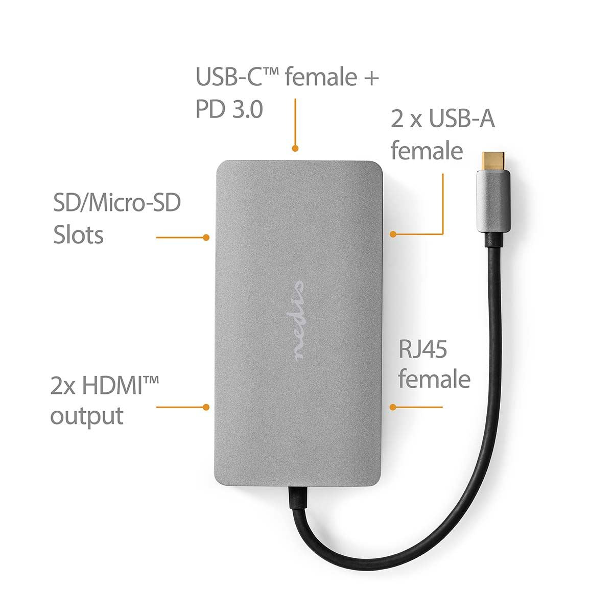 Nedis USB Multi-Port Adapter | USB 3.2 Gen 1 | USB-C™ Male | Micro SD / RJ45 Female / SD / USB-C™ Female / 2x HDMI™ / 2x USB-A Female | 5 Gbps | 0.20 m | Round | Gold Plated | PVC | Anthracite | Box