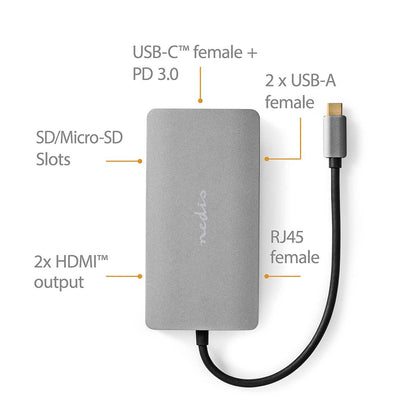 Nedis USB Multi-Port Adapter | USB 3.2 Gen 1 | USB-C™ Male | Micro SD / RJ45 Female / SD / USB-C™ Female / 2x HDMI™ / 2x USB-A Female | 5 Gbps | 0.20 m | Round | Gold Plated | PVC | Anthracite | Box
