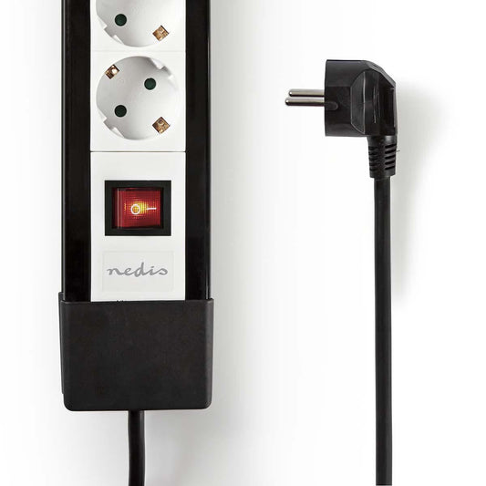 Nedis Extension Socket | Type F (CEE 7/7) | 4-Way | 3.00 m | 3680 W | 16 A | Kind of grounding: Side Contacts | 230 V AC 50/60 Hz | Socket angle: 45 ° | H05VV-F 3G1.5mm² | On/Off switch | Black / White