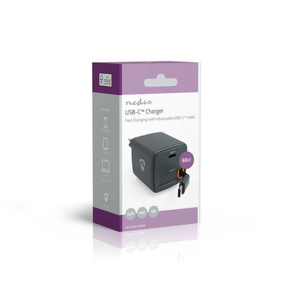 Nedis WCHARC65WBK | Wall Charger | With Retractable Cable | 65 W | GaN | PD3.0 30W | 3.0 / 3.25 A | Number of outputs: 1 | USB-C™ | USB-C™ Retractable Cable | 0.75 m | Automatic Voltage Selection | Black