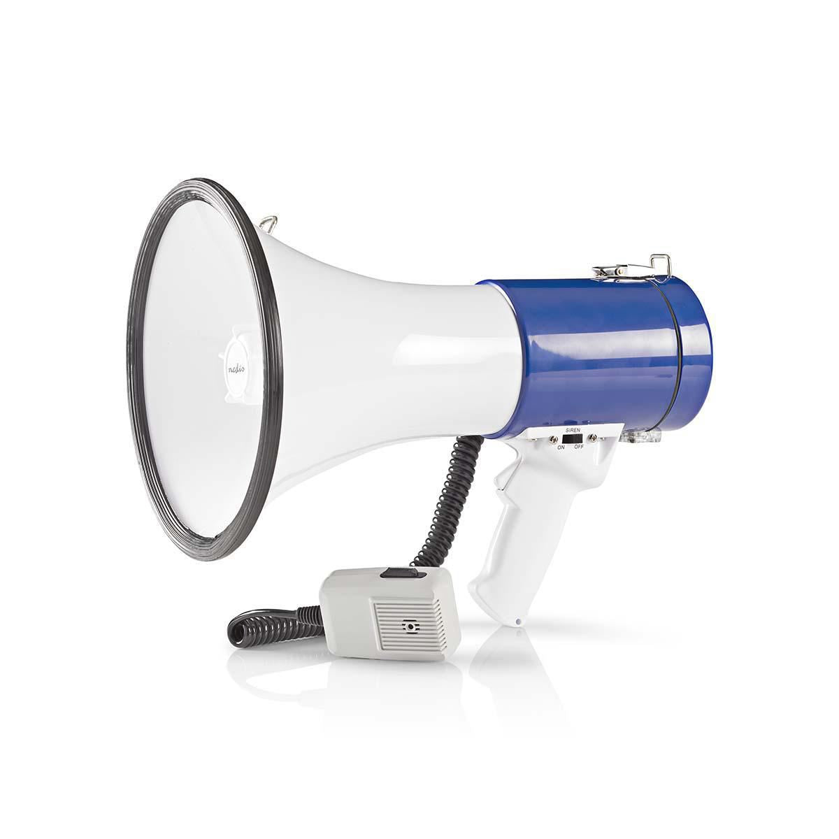 Nedis Megaphone | Maximum range: 1500 m | Maximum Volume control: 120 dB | Detachable Microphone | Built-in siren | Shoulder strap | Blue / White