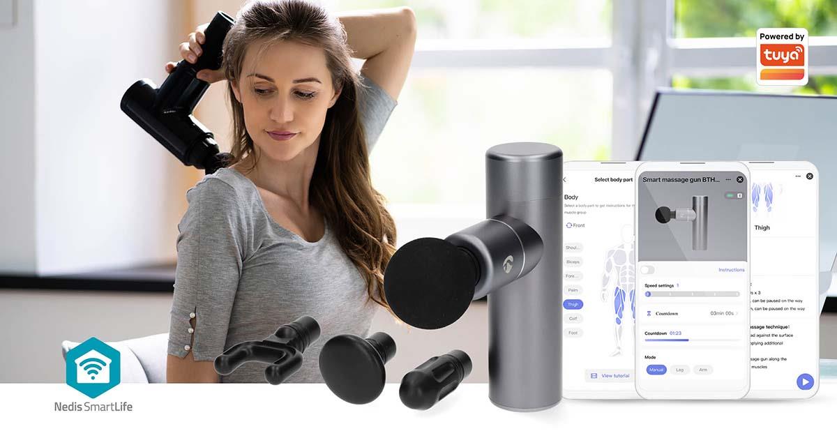 Nedis SmartLife Sports Massage Gun | Accu Powered | N/A | Rechargeable | 5 Massage Modes | Conical Head / Drawstring Bag / Flat Head / Spherical Head / U-shape Head | Dark Grey