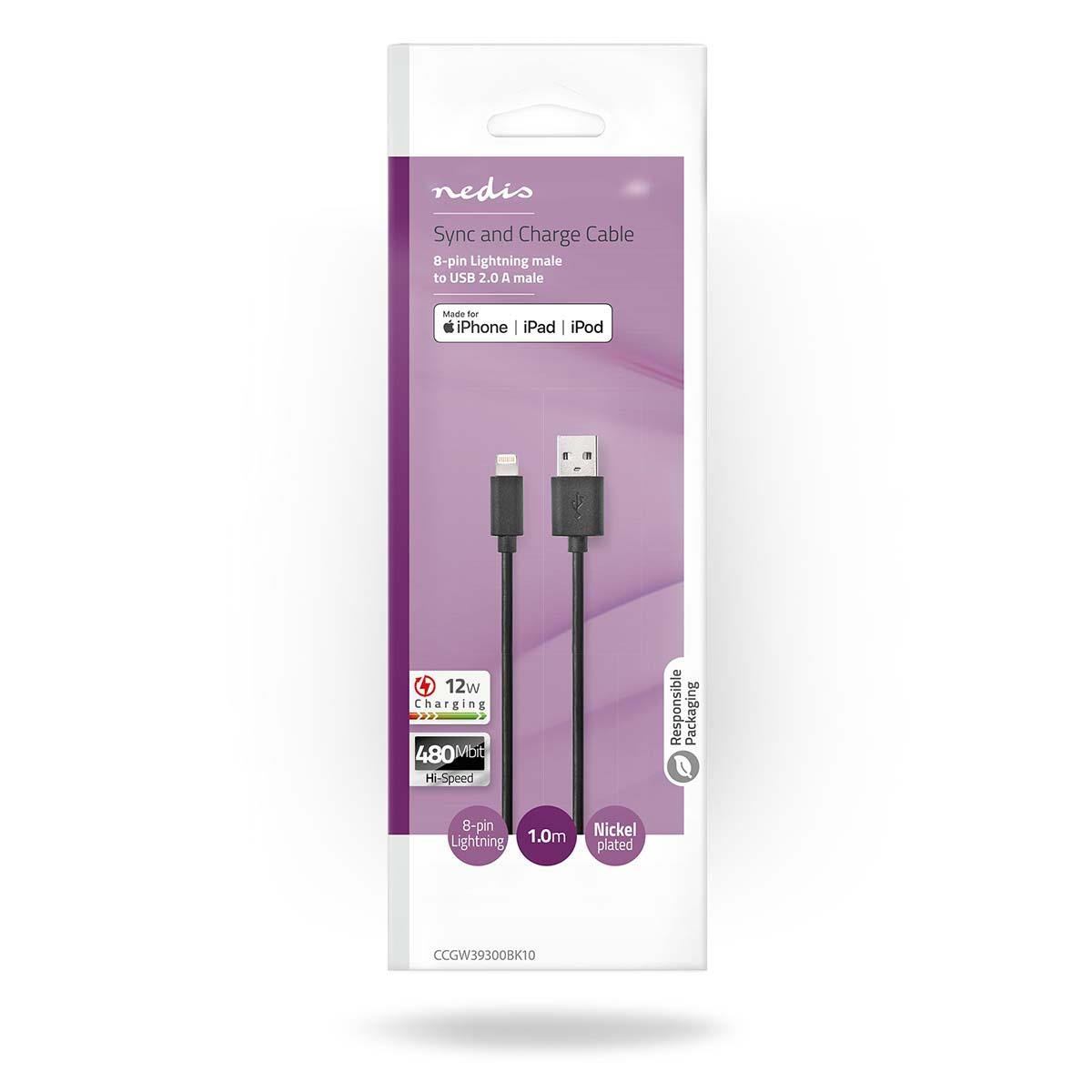 Nedis Lightning Cable | USB 2.0 | Apple Lightning 8-Pin | USB-A Male | 480 Mbps | Nickel Plated | 1.00 m | Round | PVC | Black | Box