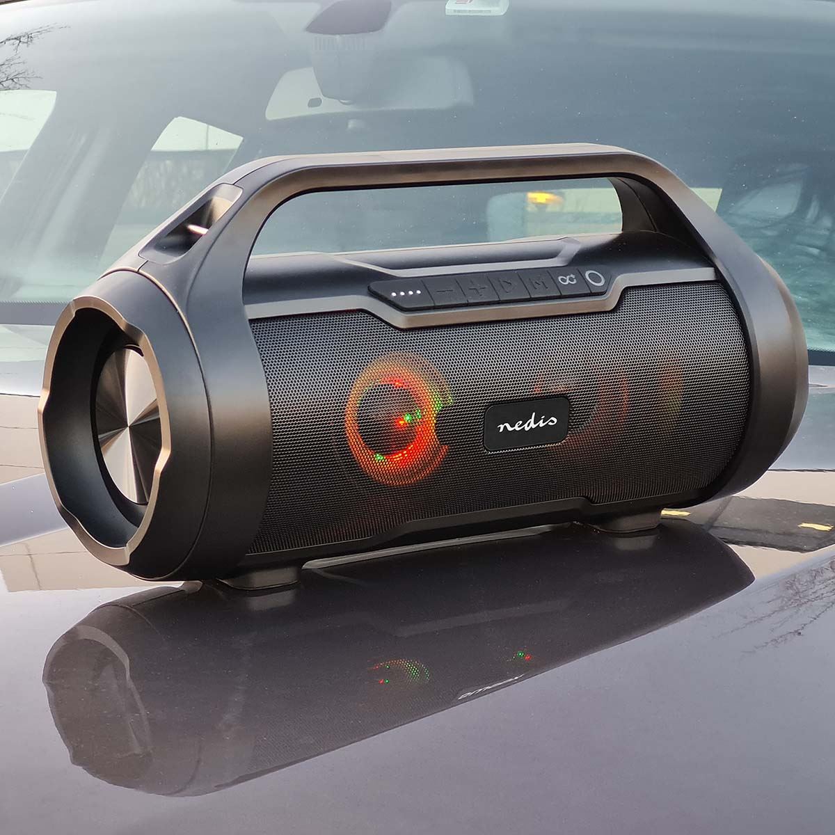 Nedis Bluetooth® Party Boombox | 6 hrs | 2.0 | 60 W | Media playback: AUX / Micro SD / USB | IPX5 | Linkable | Carrying handle | Party lights | Black
