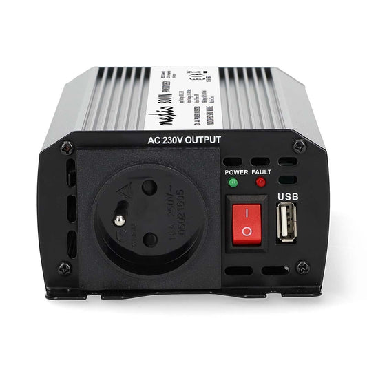Nedis Power Inverter Modified Sine Wave | Input voltage: 12 V DC | Device power output connection(s): Type E (CEE 7/5) / USB-A | 230 V AC 50 Hz | 300 W | Peak power output: 600 W | Battery Clamps + Cigarette Lighter | Silver