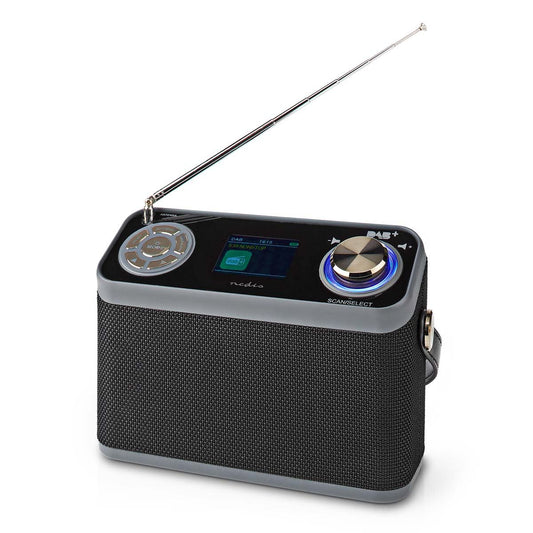 Nedis DAB+ Radio | Table Design | DAB+ / FM | 2.4 " | Colour Screen | Battery Powered / Mains Powered | Digital | 24 W | Bluetooth® | Headphone output | Alarm clock | Sleep timer | IP20 | Carrying handle | Black