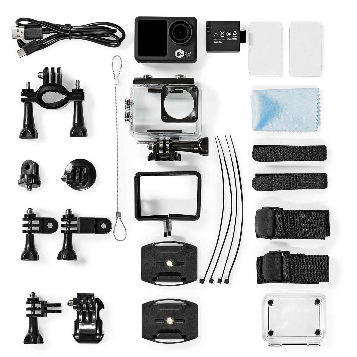 Nedis Action Cam | Dual Screen | 4K@30fps | 16 MPixel | Waterproof up to: 30.0 m | 90 min | Wi-Fi | App available for: Android™ / IOS | Mounts included | Black