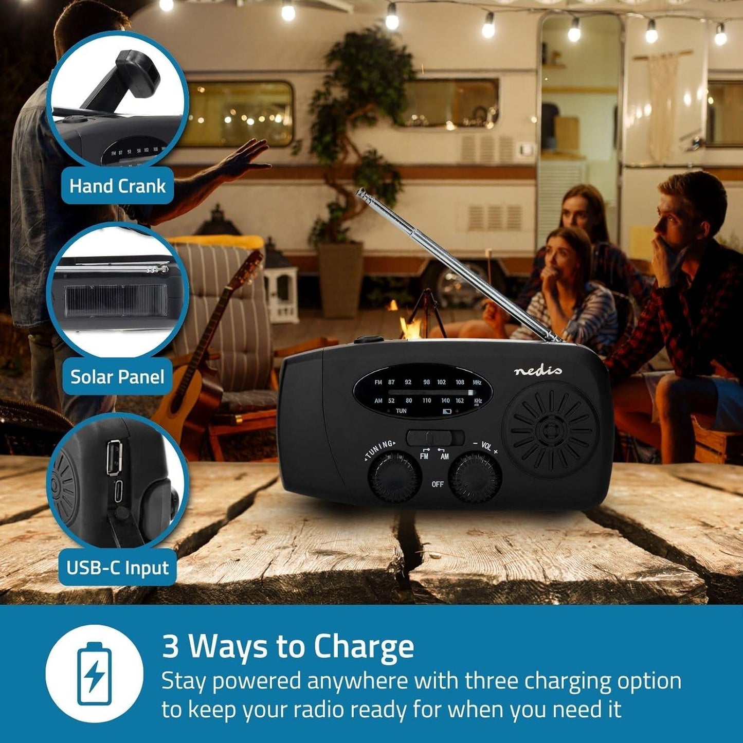 Nedis Emergency Radio | Table Design | AM / FM | Powerbank function | Battery Powered / Hand Crank / USB Powered | Black