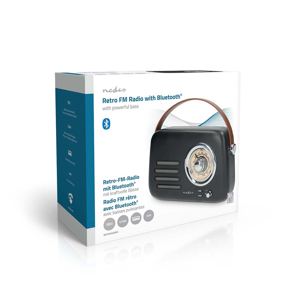 Nedis RDFM2600BK | FM Radio | Portable Design | Bluetooth® / FM | Accu Powered / USB Powered | Analogue | 10 W | Bluetooth® | Black