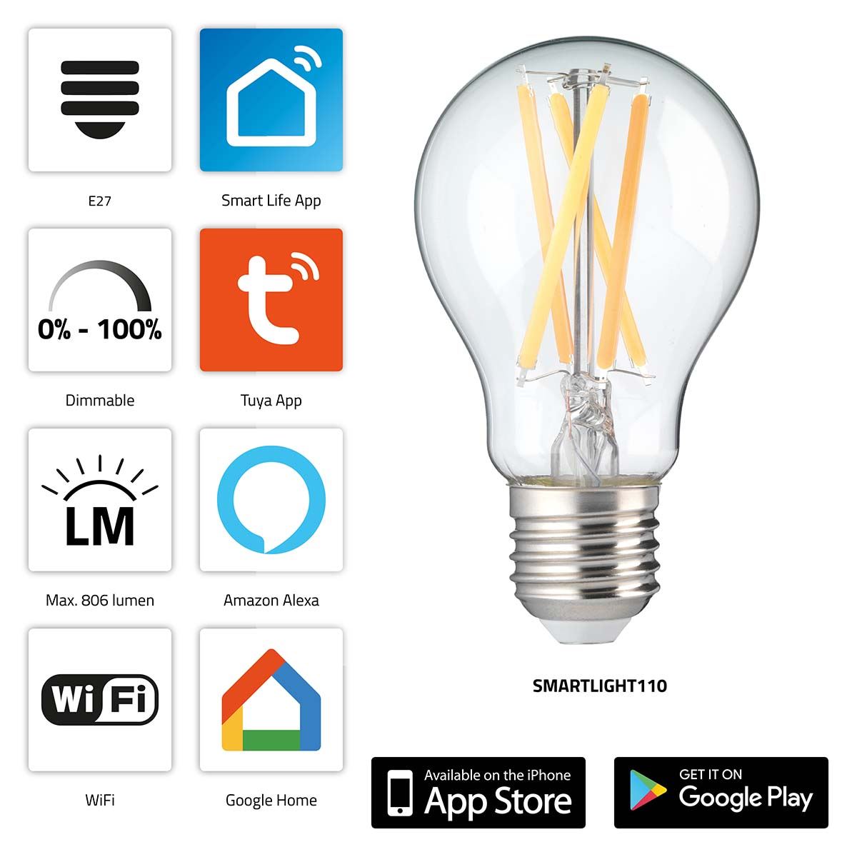 Alecto A60 E27 Smart filament LED Bulb with Wi-Fi