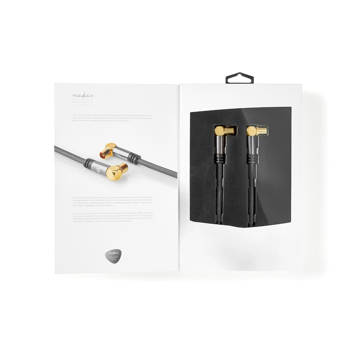 Nedis CSTB40015WT50 | Coax Cable | IEC (Coax) Male | IEC (Coax) Female | Gold Plated | 75 Ohm | Quad Shielded | 5.00 m | Round | Cotton | Grey / Gun Metal Grey | Cover Window Box