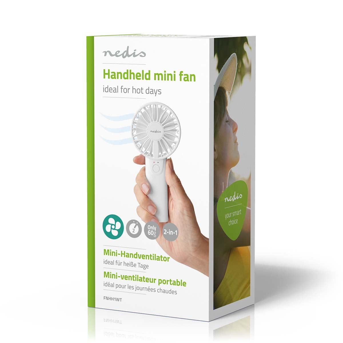 Nedis FNHH1WT | Hand / Desk Fan | Battery Powered 60 mm | 2-Speed Settings | White
