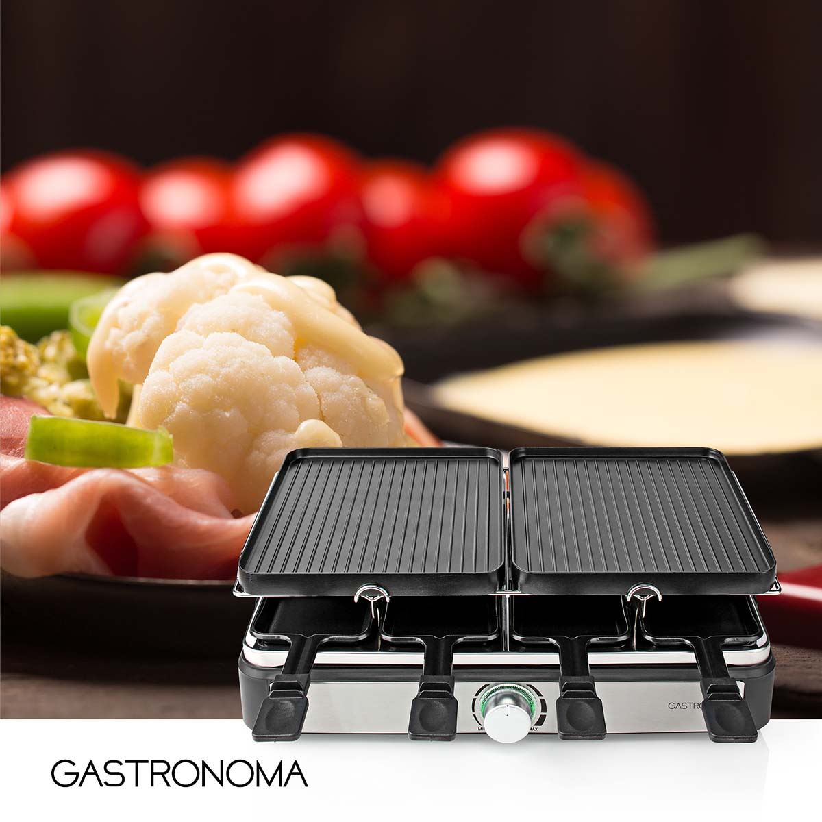 Gastronoma 18300101 | Raclette/Gourmet/Stone Grill Set | 8 Persons | 1400 W | 2 Reversible Grill Plates | Non-stick coating | Stone Plate | Black / Stainless Steel