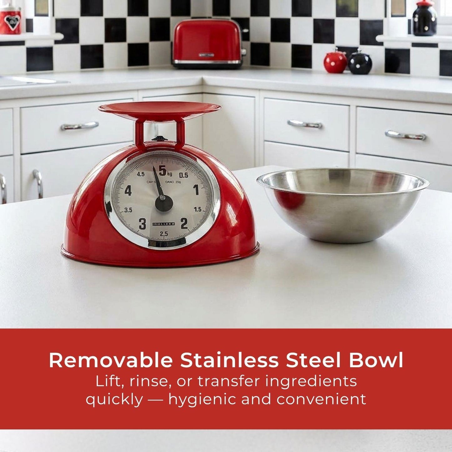 MELISSA Retro Kitchen Scale | Analog | Metal Housing | Removable bowl | Max. 5kg | 25-gram increments | Red
