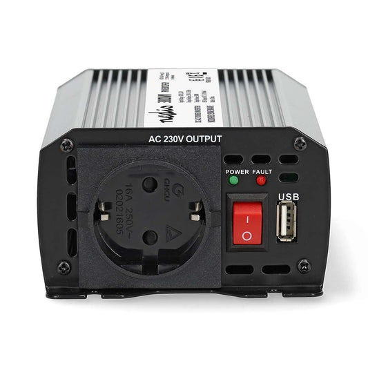 Nedis Power Inverter Modified Sine Wave | Input voltage: 12 V DC | Device power output connection(s): Type F (CEE 7/3) / USB-A | 230 V AC 50 Hz | 300 W | Peak power output: 600 W | Battery Clamps + Cigarette Lighter | Silver
