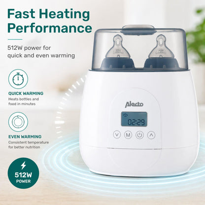 Alecto BW700TWIN | 2 Bottle Warmer, Baby Double Bottle Sterilizer with Digital Display and Temperature Control | White