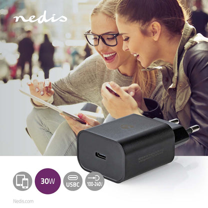 Nedis Wall Charger | 30 W | PD3.0 27W / PD3.0 30W / QC3.0 | Quick charge feature | 1.5 / 2.0 / 2.5 / 3.0 A | Number of outputs: 1 | USB-C™ | Automatic Voltage Selection | Black