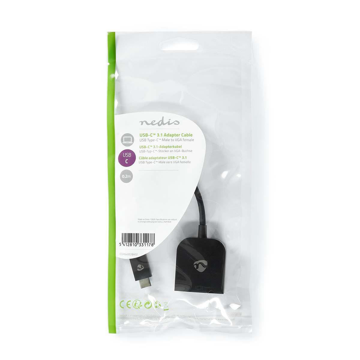 Nedis USB-C™ Adapter | USB 3.2 Gen 1 | USB-C™ Male | VGA Female | 1920x1200 | 5 Gbps | 0.20 m | Round | Nickel Plated | PVC | Black | Polybag