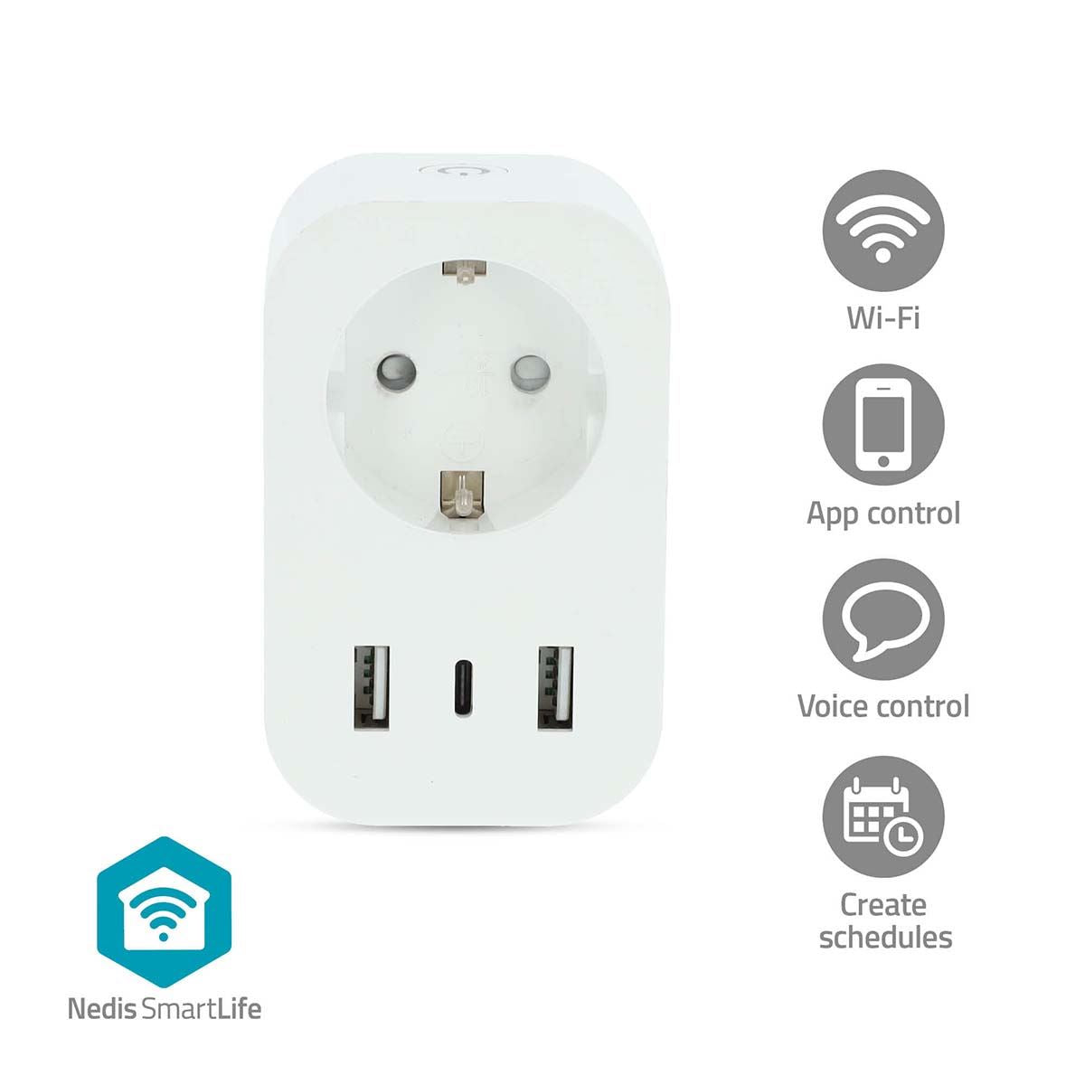 Nedis SmartLife Smart Plug | Wi-Fi | IP21 | Power meter | 3680 W | Type F (CEE 7/7) / 1x USB-C™ / 2x USB | 0 - 55 °C | Android™ / IOS | White | 1 pcs