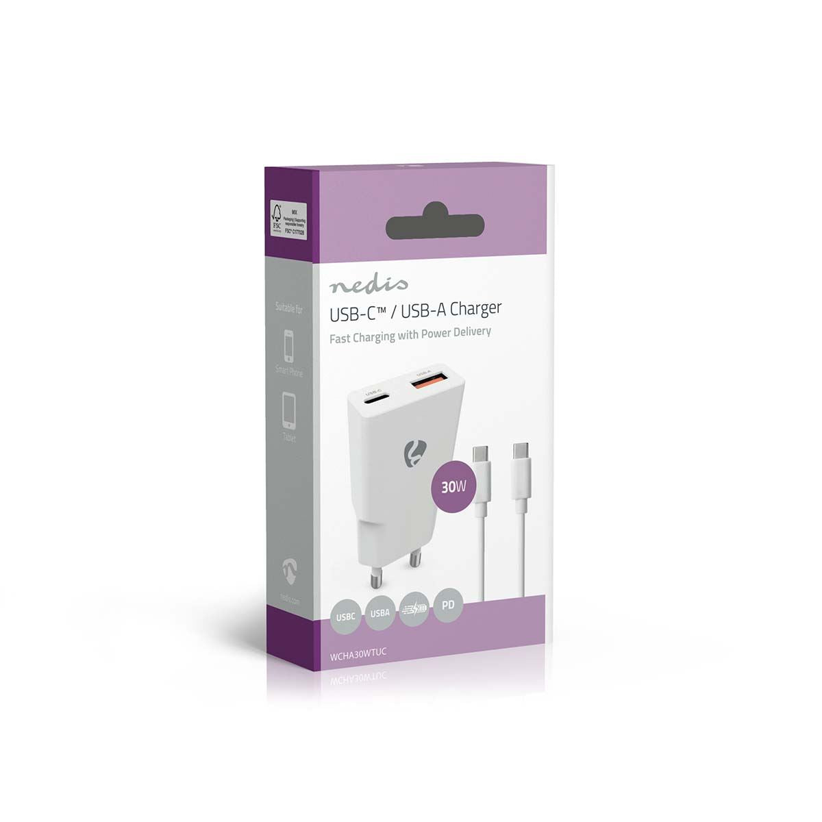 Nedis Wall Charger | 30 W | GaN | PD3.0 30W | Quick charge feature | 1.5 / 2.0 / 2.5 / 3.0 A | Number of outputs: 2 | USB-A / USB-C™ | USB-C™ (Loose) Cable | 1.50 m | Automatic Voltage Selection | White
