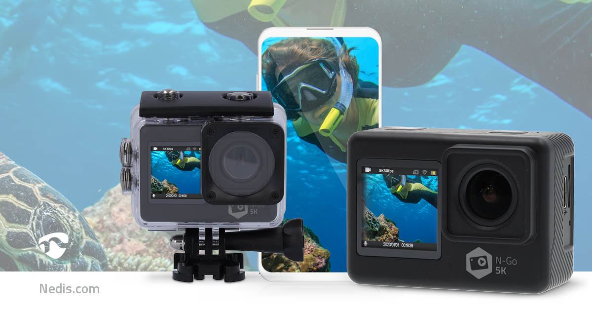Nedis Action Cam | Dual Screen | 5K@30fps | 16 MPixel | Waterproof up to: 30.0 m | 80 min | Wi-Fi | App available for: Android™ / IOS | Mounts included | Black