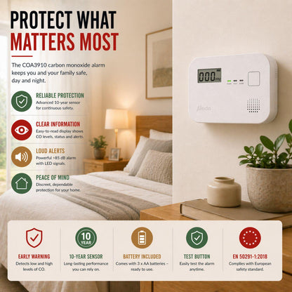Alecto COA3910 Carbon monoxide Alarm with 10 year Sensor Runtime & LCD Display | EN50291-1:20180 | White
