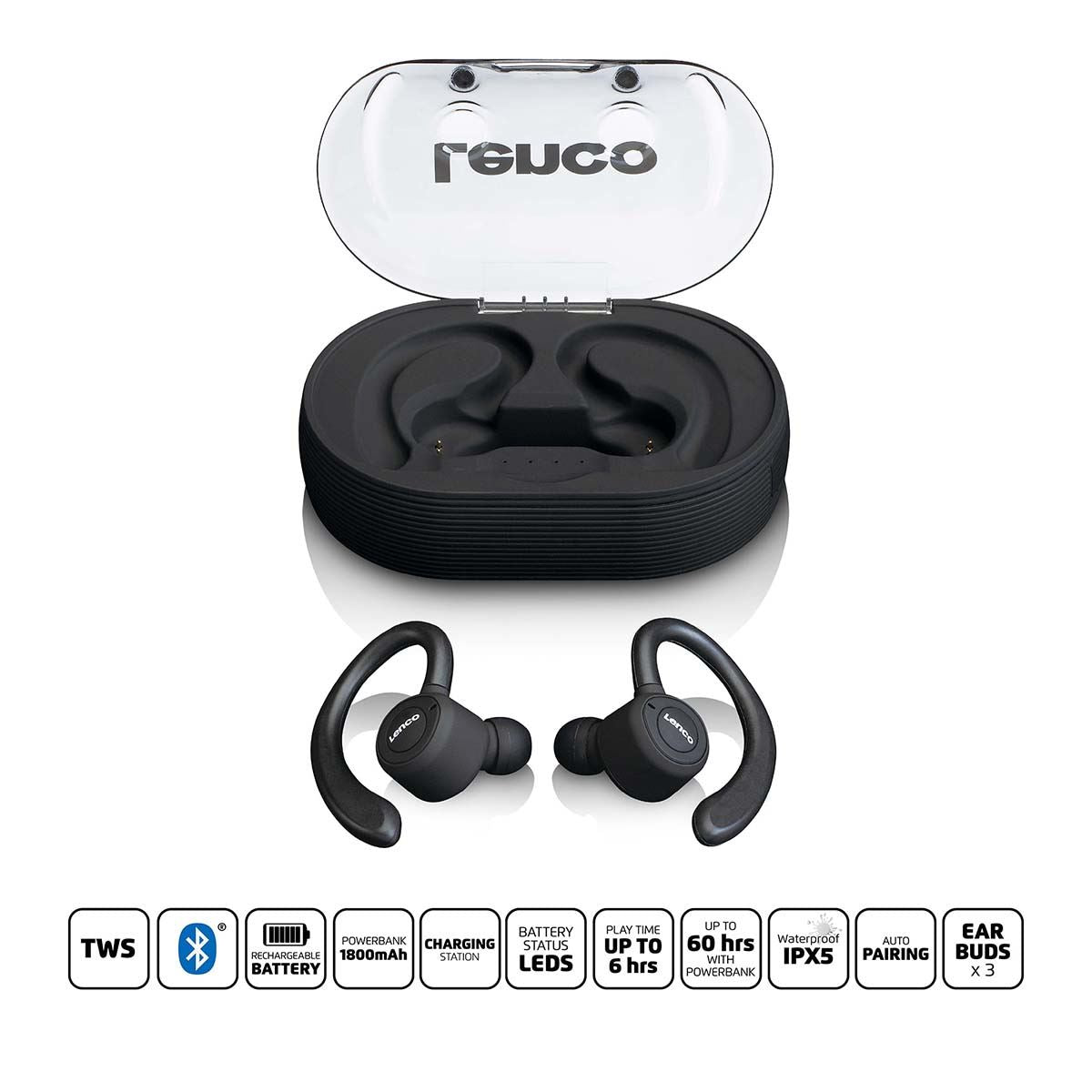 Lenco EPB-460BK | Sport IPX5 TWS Bluetooth® | Rechargable In-Ear Earphones | Black