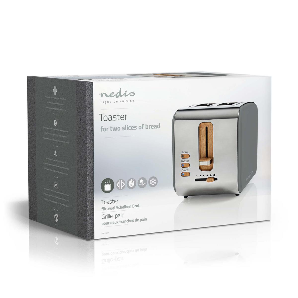 Nedis Toaster | Soft Touch Series | 2 Bread Slices | 2 Slots | Browning levels: 6 | Defrost feature | Grey