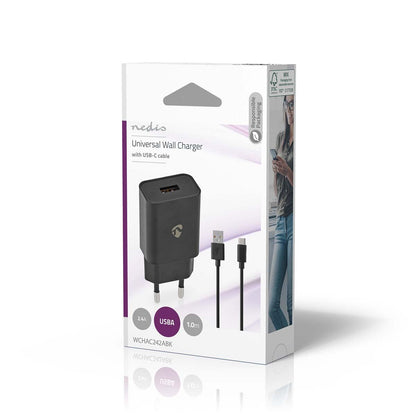 Nedis Wall Charger | 12 W | Quick charge feature | 1x 2.4 A | Number of outputs: 1 | USB-A | USB Type-C™ (Loose) Cable | 1.00 m | Single Voltage Output | Black