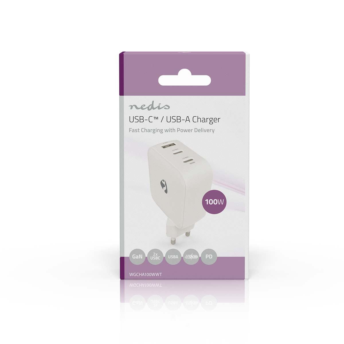 Nedis Wall Charger | 100 W | GaN | PD3.0 | Quick charge feature | 2.5 / 3.0 / 5.0 A | Number of outputs: 3 | USB-A / 2x USB-C™ | Automatic Voltage Selection | White