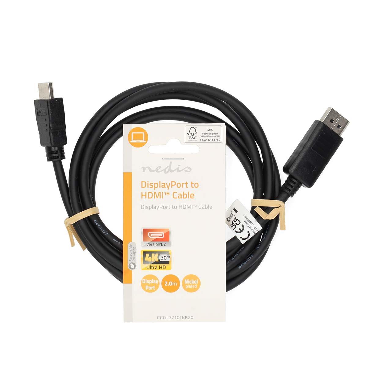 Nedis DisplayPort Cable | DisplayPort Male | HDMI™ Connector | 4K@30Hz | Nickel Plated | 2.00 m | Round | PVC | Black | Label