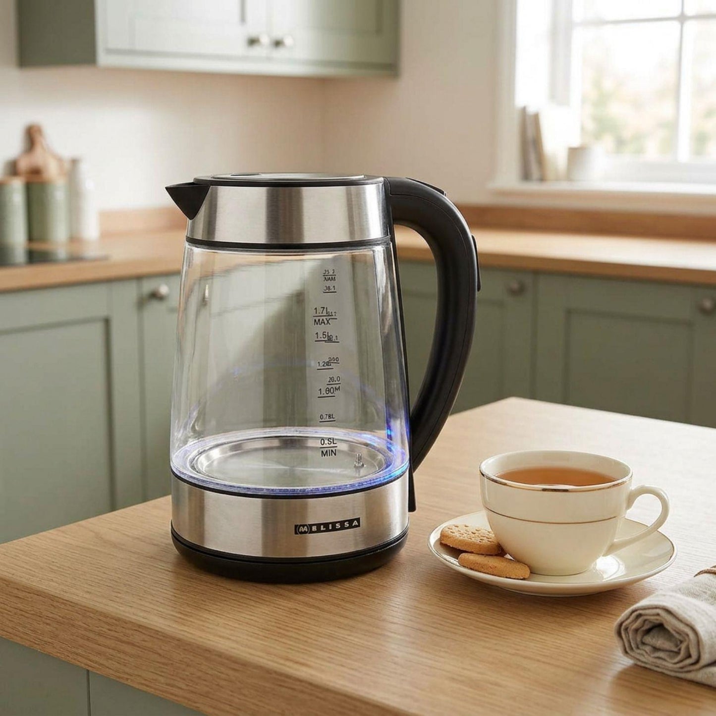 MELISSA Digital Electric Kettle | 1.7 l | 2200 W | Glass | 50/70/80/90/100 °C Presets | 360° pirouette base | Concealed heating element | Strix® controller | Keep-warm function | Boil-dry protection