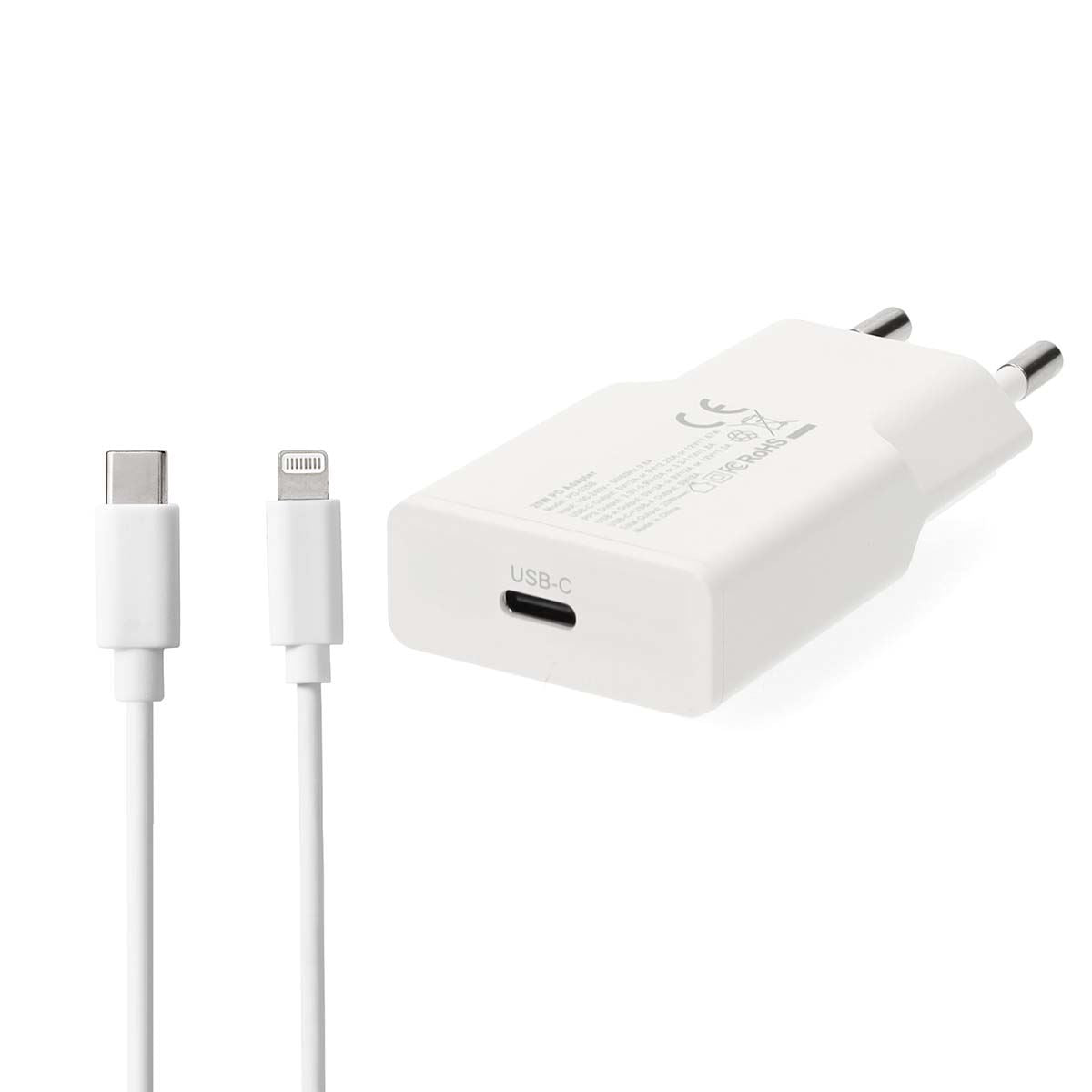 Nedis Wall Charger | 20 W | GaN | PD3.0 | Quick charge feature | 1.67 / 2.22 / 3.0 A | Number of outputs: 1 | USB-C™ | Lightning 8-Pin (Loose) Cable | 1.00 m | Automatic Voltage Selection | White