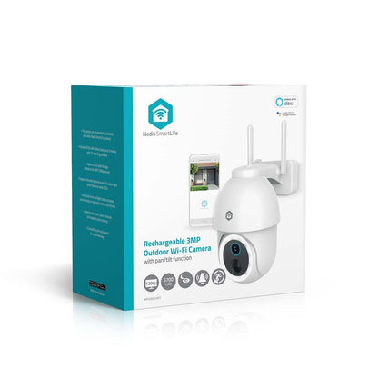 Nedis SmartLife Outdoor Camera | Spotlight | 3MP Full HD 1296p | Pan tilt | IP65 | Max. battery life: 3 Months | Cloud Storage (optional) / microSD (not included) | 5 V DC | With motion sensor | Night vision | White