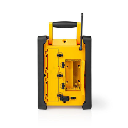 Nedis FM Radio | Jobsite Radio | FM | Battery Powered / Mains Powered | Digital | 15 W | Screen size: 2.2 " | Blue White Screen | IPX5 | Carrying handle | Black / Yellow