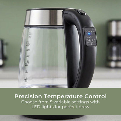 MELISSA Digital Electric Kettle | 1.7 l | 2200 W | Glass | 50/70/80/90/100 °C Presets | 360° pirouette base | Concealed heating element | Strix® controller | Keep-warm function | Boil-dry protection