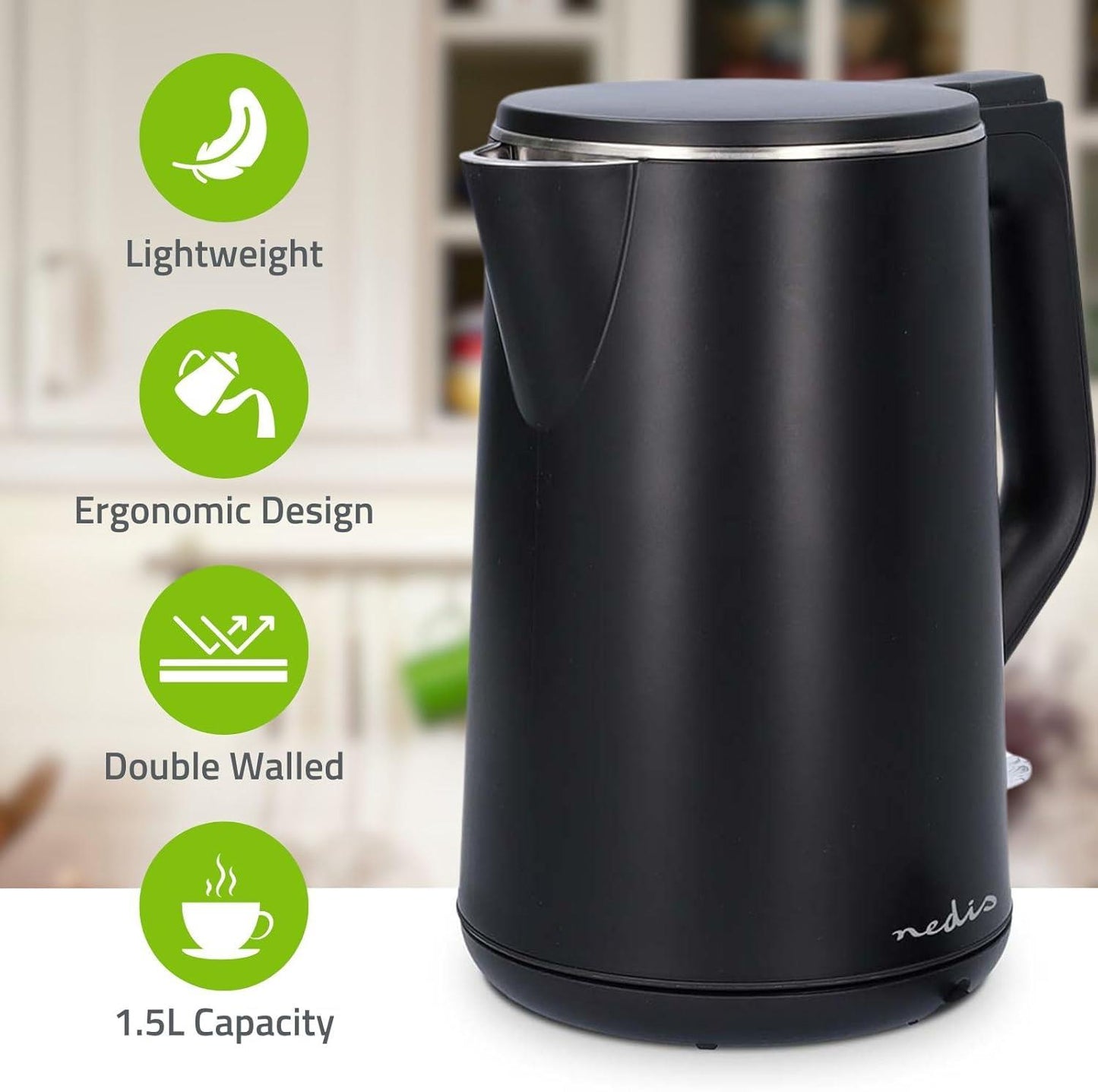 Nedis Electric Kettle | 1.5 l | Plastic | Black | Rotatable 360 degrees | Concealed heating element | Strix® controller | Boil-dry protection