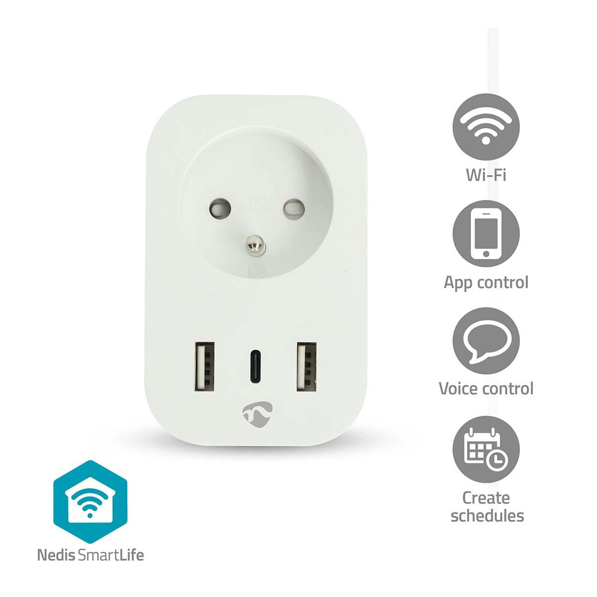 Nedis SmartLife Smart Plug | Wi-Fi | IP21 | Power meter | 3680 W | Type E (CEE 7/6) / 1x USB-C™ / 2x USB | 0 - 55 °C | Android™ / IOS | White | 1 pcs